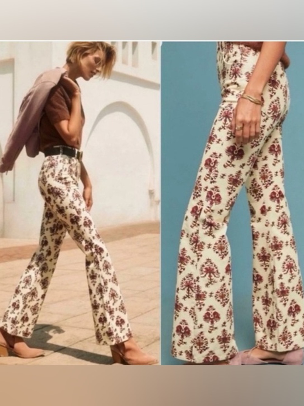 Pilcro and the Letterpress Cream Wide-Leg Floral Pants with Burgundy Print